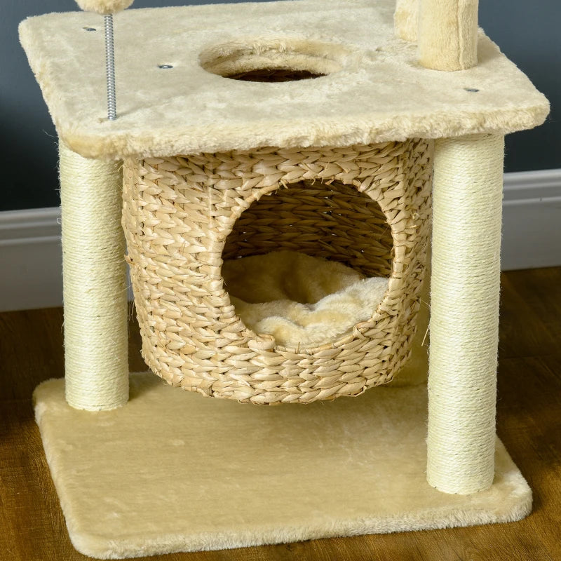 Beige Cat Tree with Scratching Posts, House, Bed & Toy Ball