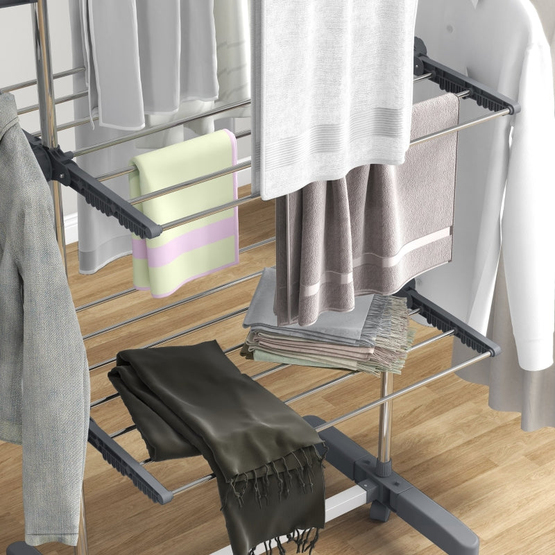 Grey 3-Tier Folding Clothes Drying Rack with Side Arms and Wheels