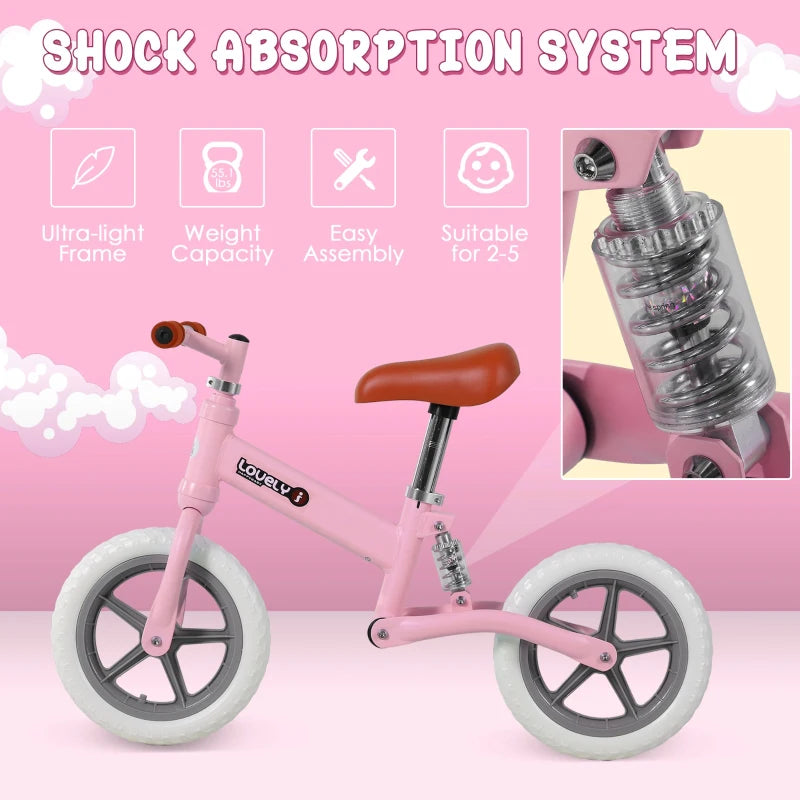 12" Pink Kids Balance Bike - No Pedal Bicycle with Adjustable Seat and Shock Absorber