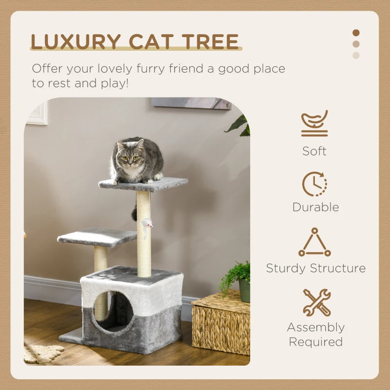 Grey Cat Tree with Scratching Posts, House, Perches & Toy Mouse