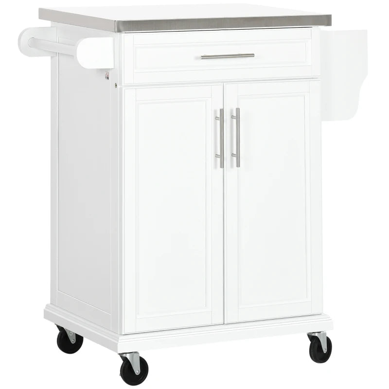White Wooden Kitchen Island Cart with Stainless Steel Top and Storage