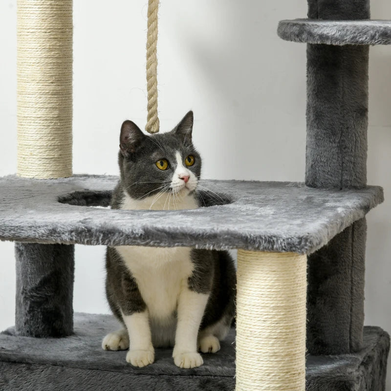 Modern Grey Cat Tree with Bed, Perches, Scratching Posts - 184cm