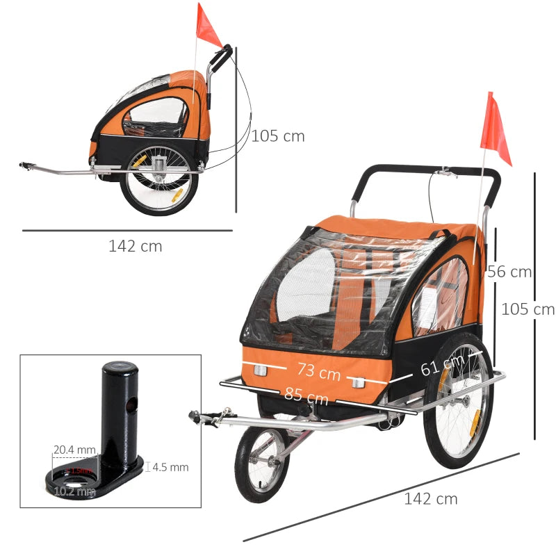 Orange 2-Seater Collapsible Baby Bike Trailer with Pivot Wheel Hitch