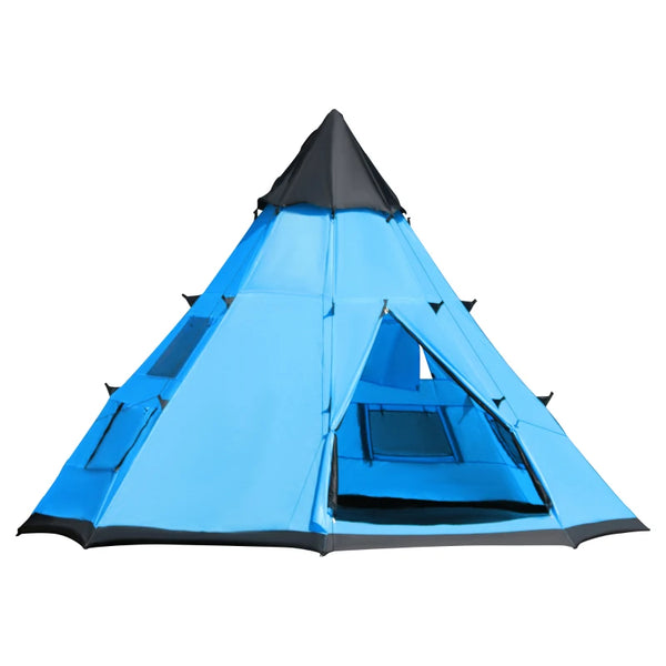 Blue 6-Person Teepee Camping Tent with Mesh Windows and Carry Bag