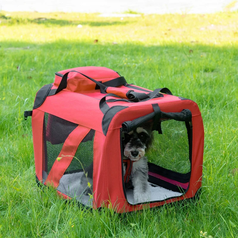 Red Foldable Pet Carrier for Small Pets - Portable Soft-Sided Travel Crate