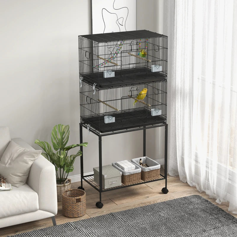 Black Two-Tier Bird Cage with Stand for Small Birds