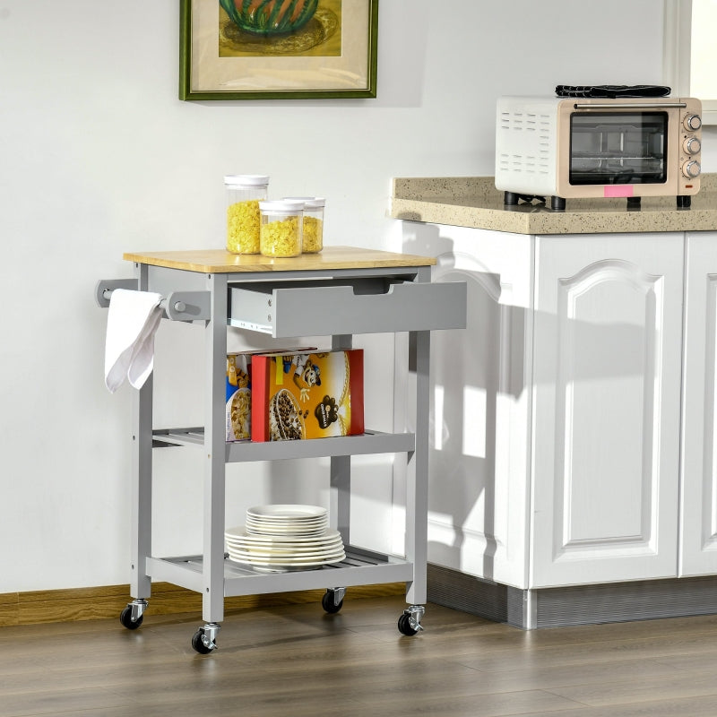 Grey Kitchen Utility Cart with Rubberwood Worktop and Storage