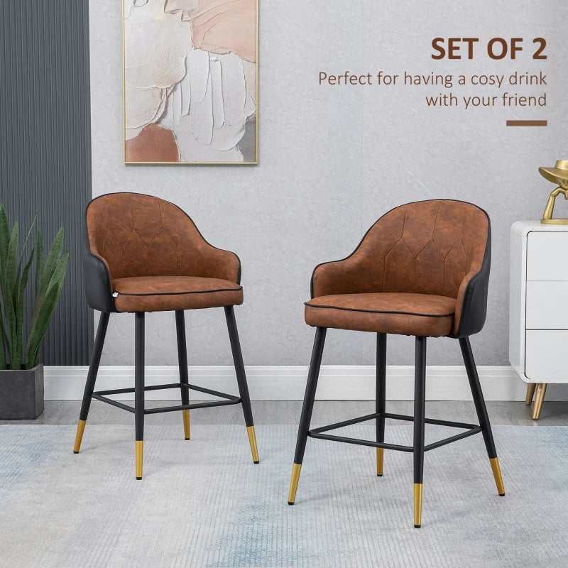 Brown Upholstered Leather Bar Stools Set of 2 with Tufted Back