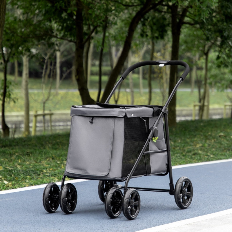 Grey Pet Stroller with 4 Wheels for Small and Medium Dogs