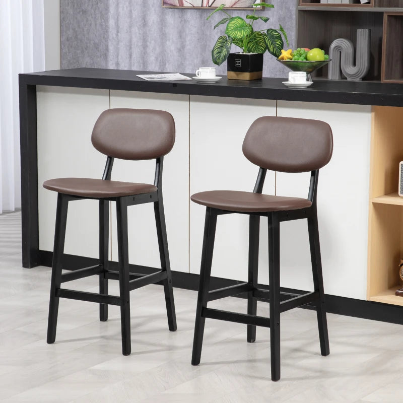 Brown Faux Leather Breakfast Bar Stools Set of 2 with Backs and Solid Wood Legs