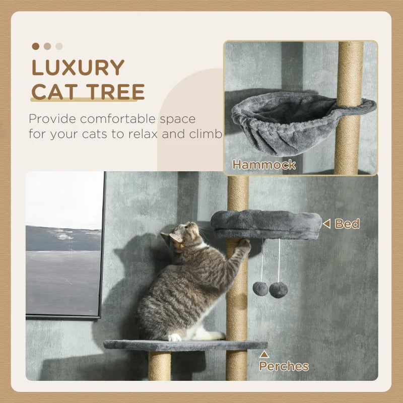 Grey 6-Tier Floor to Ceiling Cat Tree with Scratching Post and Hammock