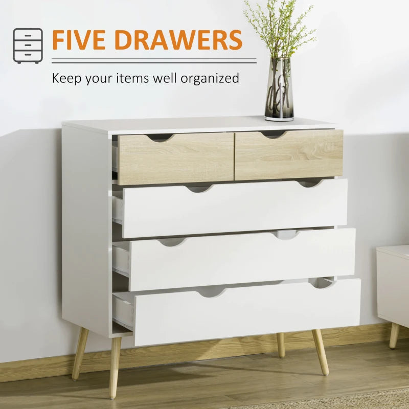 Modern White 5-Drawer Chest with Tapered Legs and Groove Handles