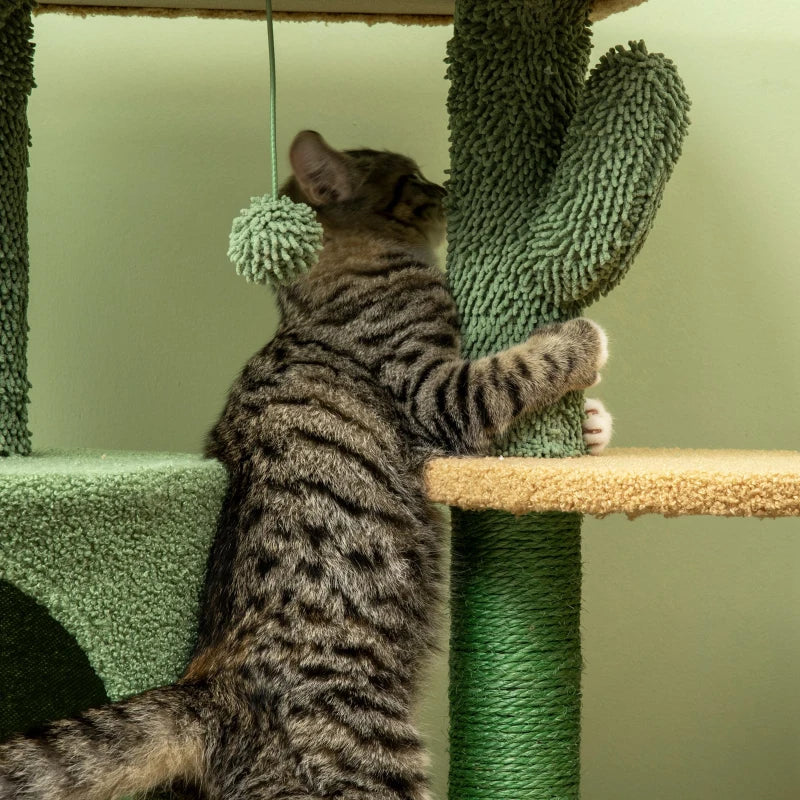 Green Cactus Cat Tree with Teddy Fleece House & Scratching Posts