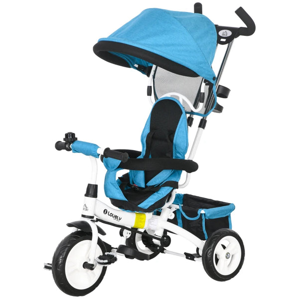 Blue 6-in-1 Kids Trike with Push Handle, Canopy, Safety Belt, Storage, Footrest, Brake