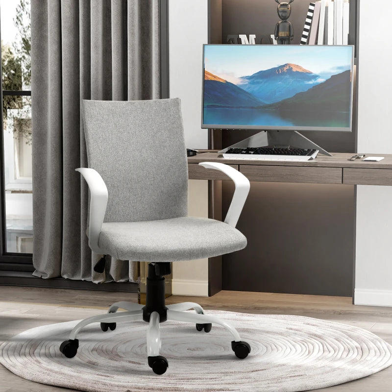 Light Grey Linen Swivel Office Chair with Armrests & Wheels