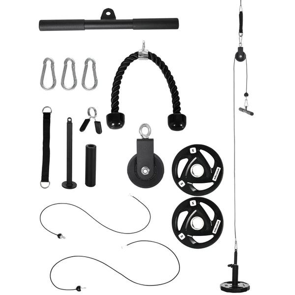 Black Cable Pulley System with 2 x 5kg Olympic Weight Plates for Home Gym