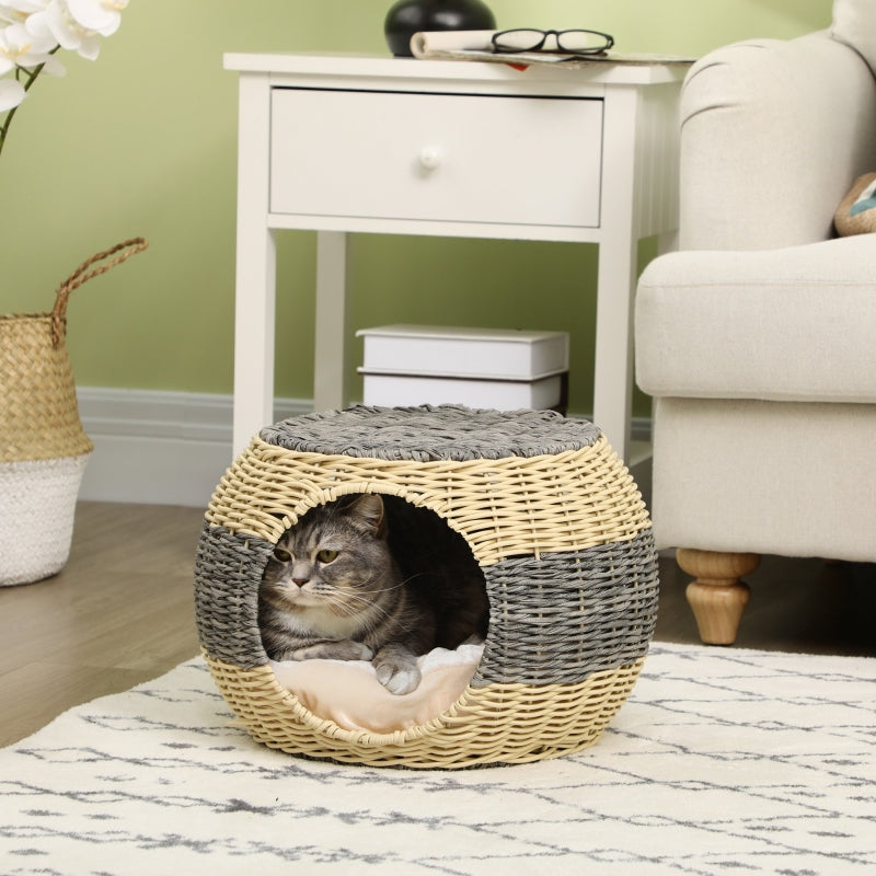 Rattan Wicker Cat Bed, Cozy Kitten Cave, Grey, Washable Cushion, 40x30cm