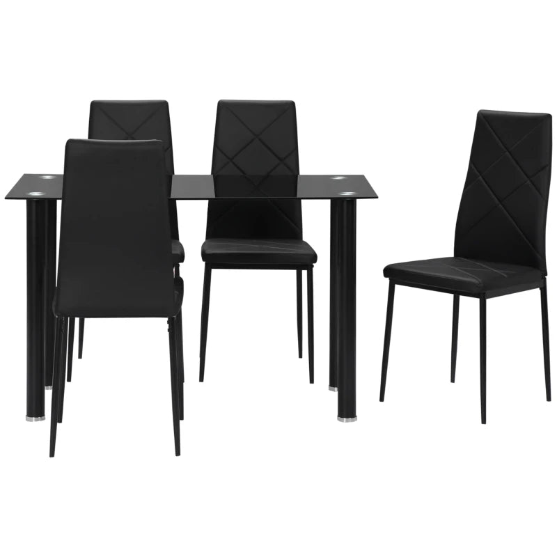 Black 4-Seater Dining Set with Glass Tabletop and Steel Frame