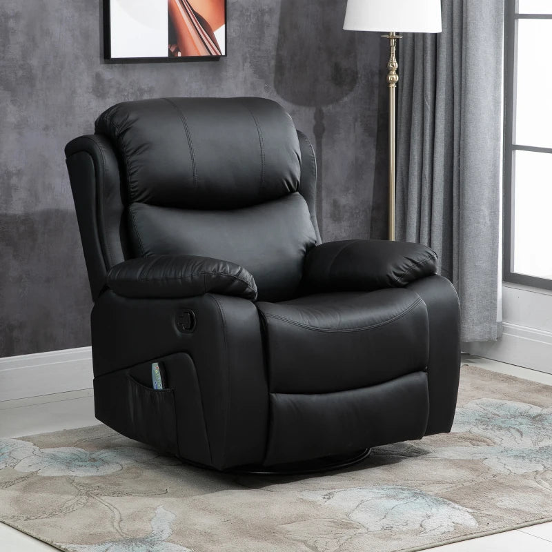 Black PU Leather Massage Recliner with Swivel Base and Heat