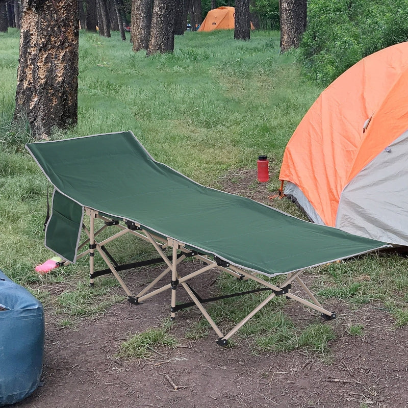 Green Portable Folding Camping Cot with Side Pocket and Carry Bag