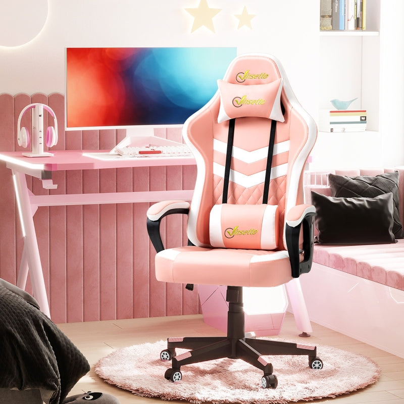 Pink Gaming Chair with Lumbar Support and Swivel Wheels