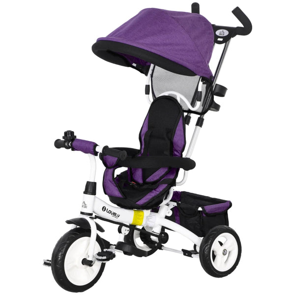 Purple 6-in-1 Kids Trike with Push Handle, Canopy, Safety Belt, Storage, Footrest, Brake
