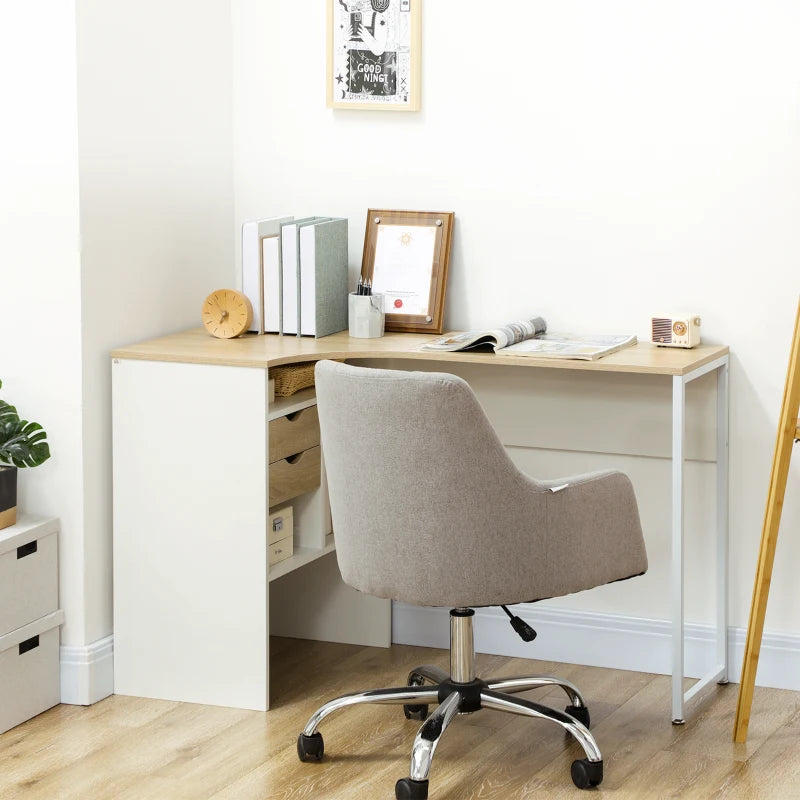 Corner Computer Desk with Drawers and Storage Compartments, Light Brown