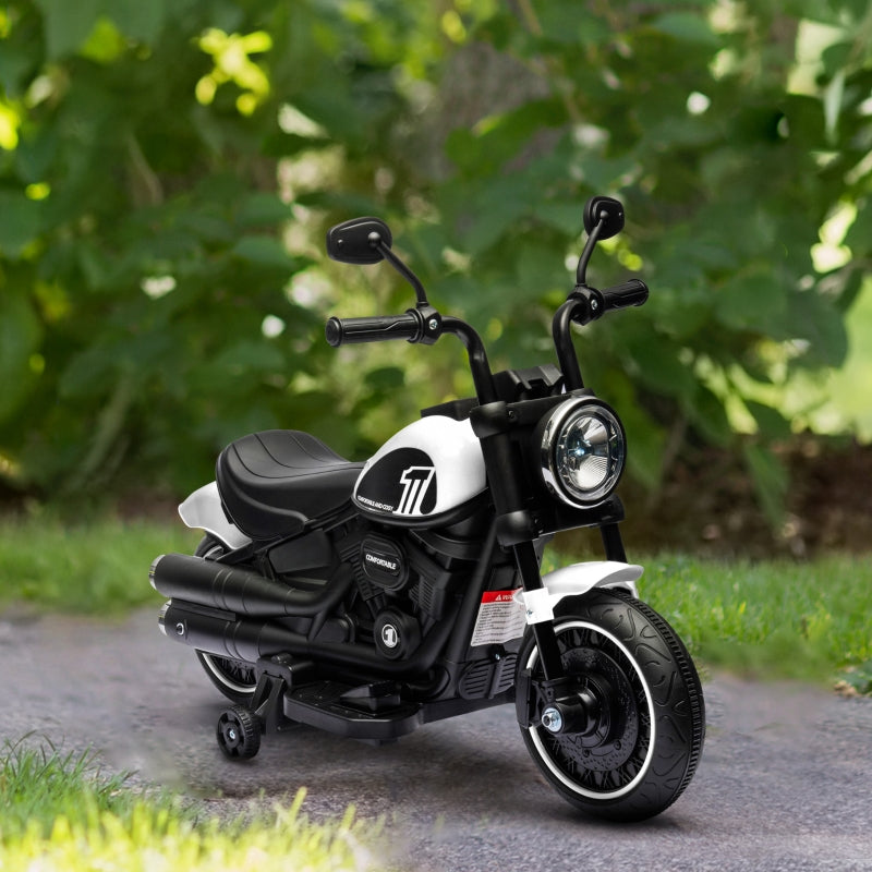 White 6V Electric Motorbike with Training Wheels, One-Button Start