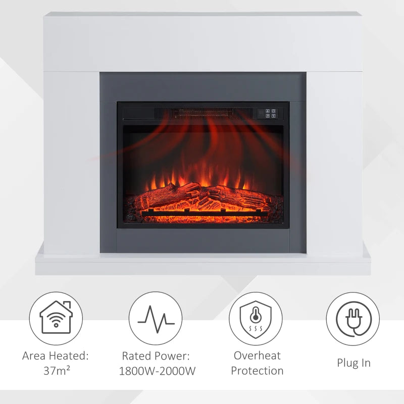 White Electric Fireplace Heater with Remote Control - 2000W, LED Flame Effect