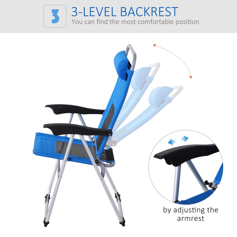 Blue Folding Camping Chair with Adjustable Recliner and Pillow