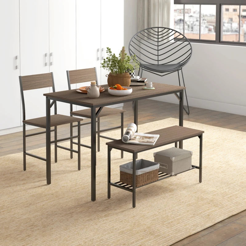 4-Piece Dining Set with Table, Chairs, and Bench - Grey