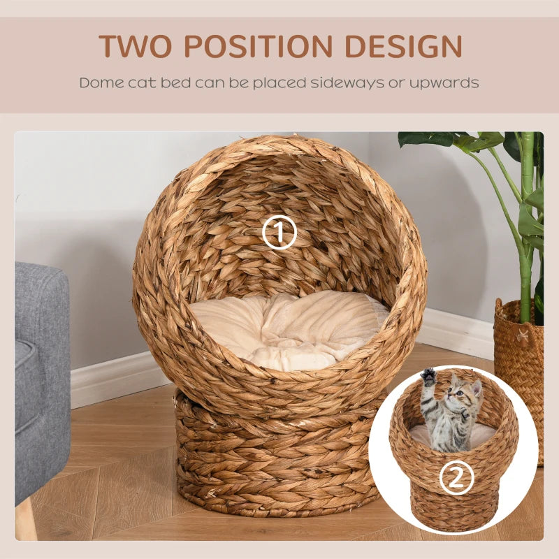 Brown Wicker Cat Bed with Raised Rattan Basket & Washable Cushion