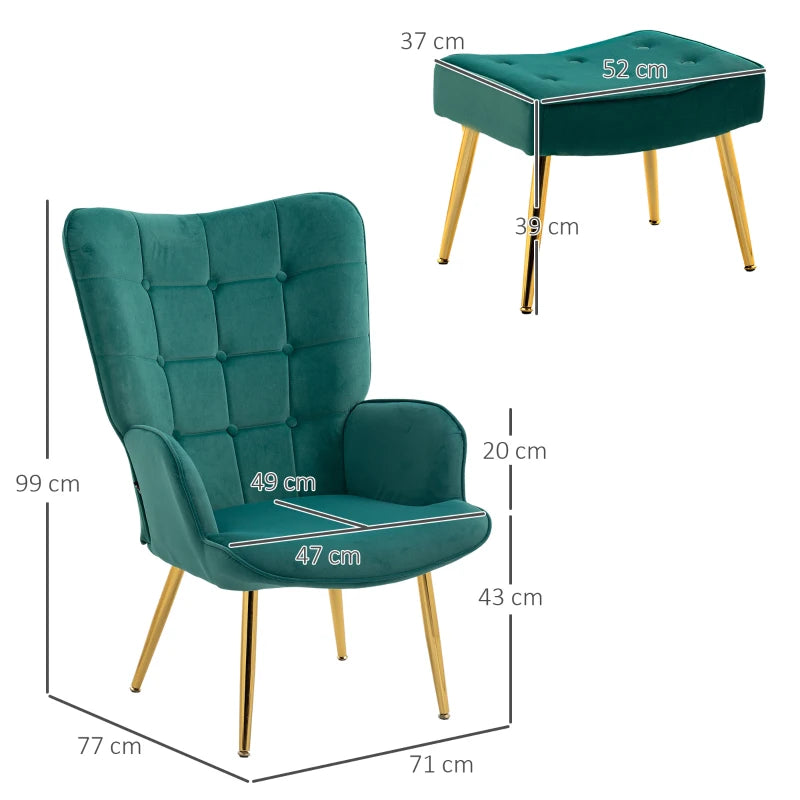 Dark Green Velvet Armchair with Ottoman and Steel Legs