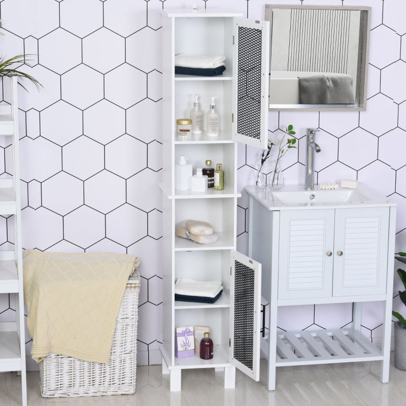 6-Tier White Bathroom Floor Cabinet with Glass Doors