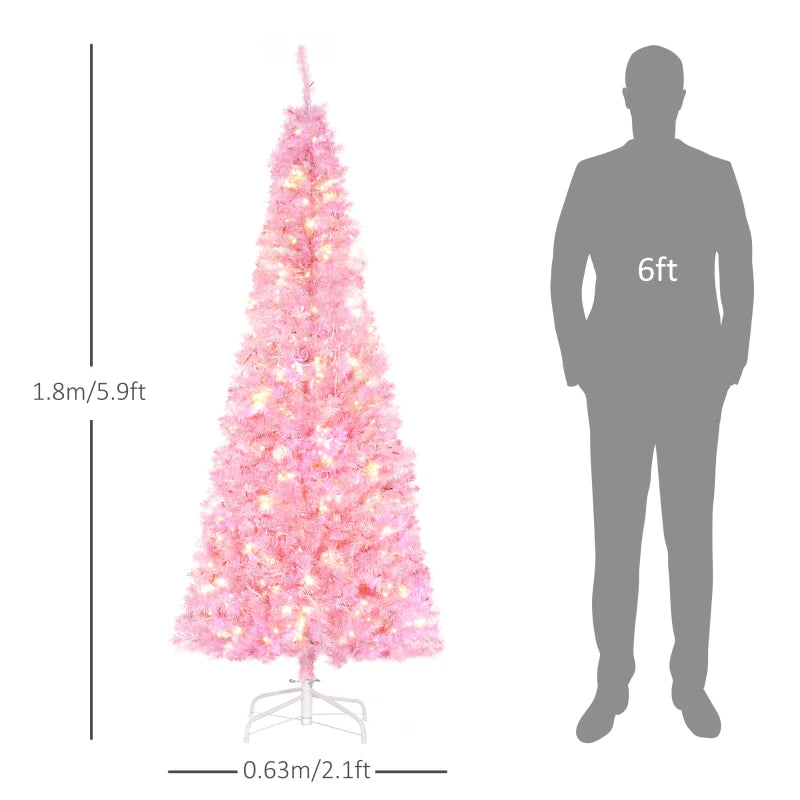 6FT Pink Pre-lit Pencil Slim Christmas Tree with Warm White LED Lights