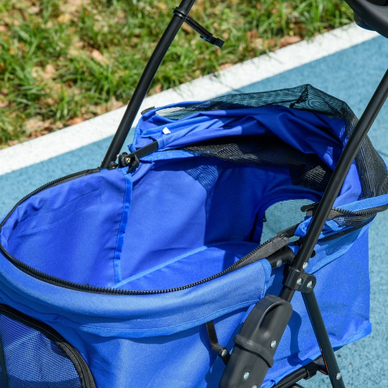 Blue Dog Stroller with Rain Cover and Safety Features