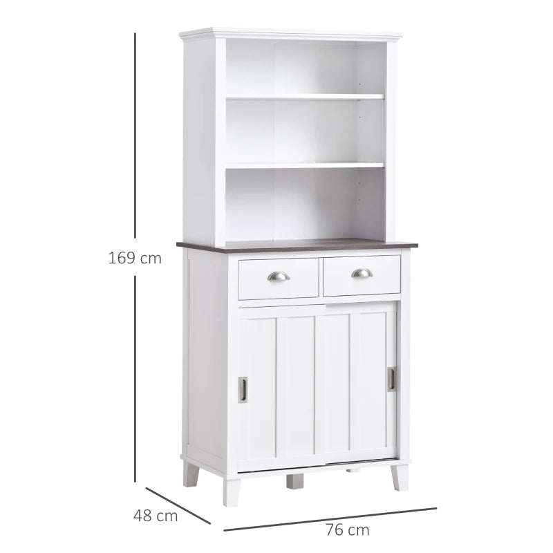 White Freestanding Kitchen Storage Cabinet with Sliding Doors and Shelves