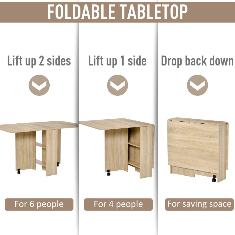 Natural Folding Drop Leaf Dining Table with Shelves and Casters