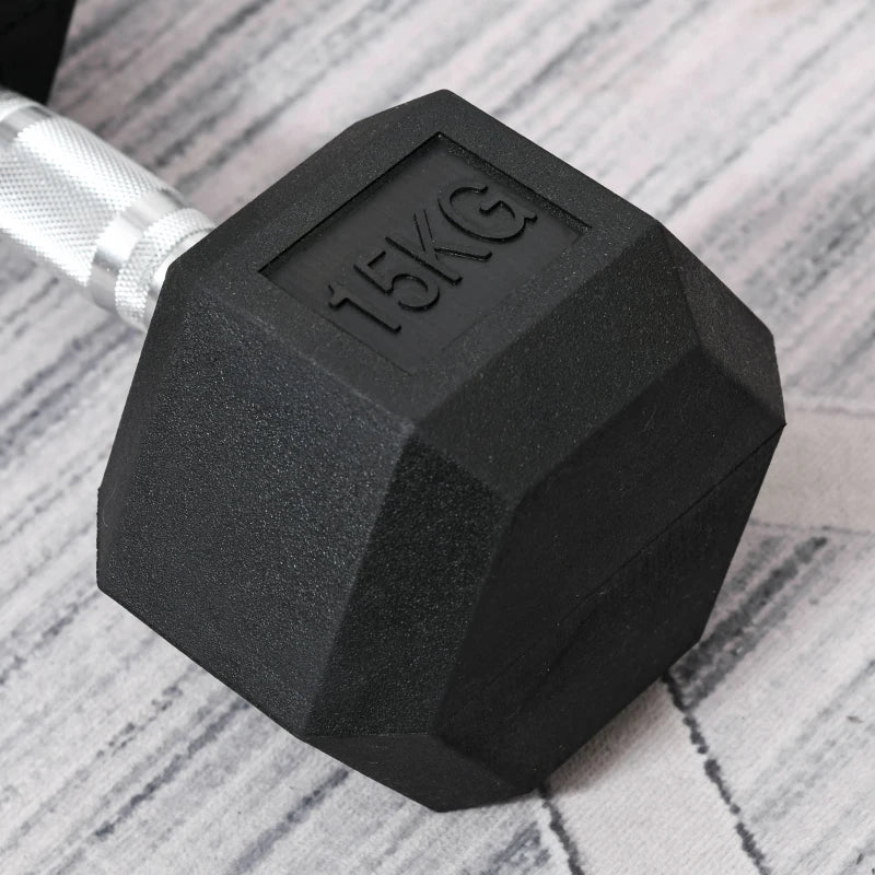 Black 15KG Rubber Hex Dumbbell Set - Portable Hand Weights for Home Gym