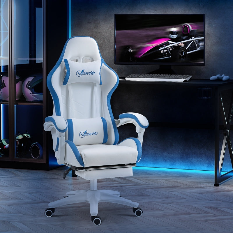 White and Blue Racing Gaming Chair with Footrest and Swivel Seat