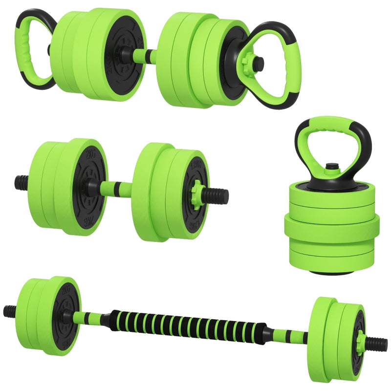 20kg Green Adjustable Weight Dumbbells Set with Barbell, Kettlebell & Push Up Stand