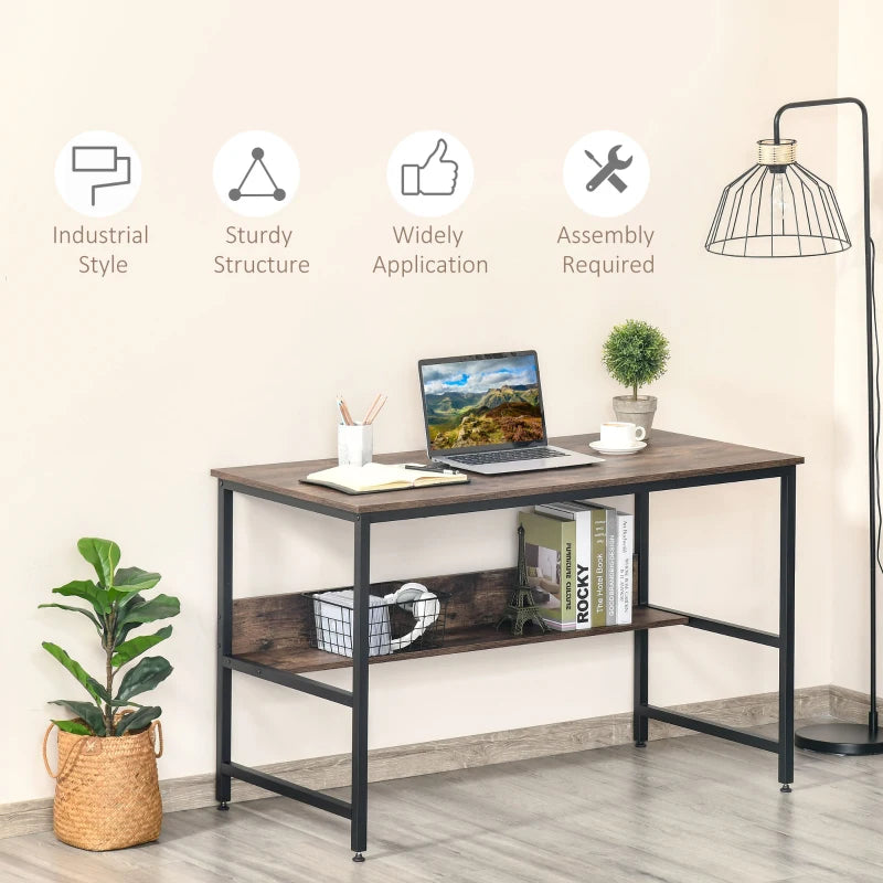 Rustic Brown Computer Desk with Storage Shelf, 120 x 60cm, Metal Frame