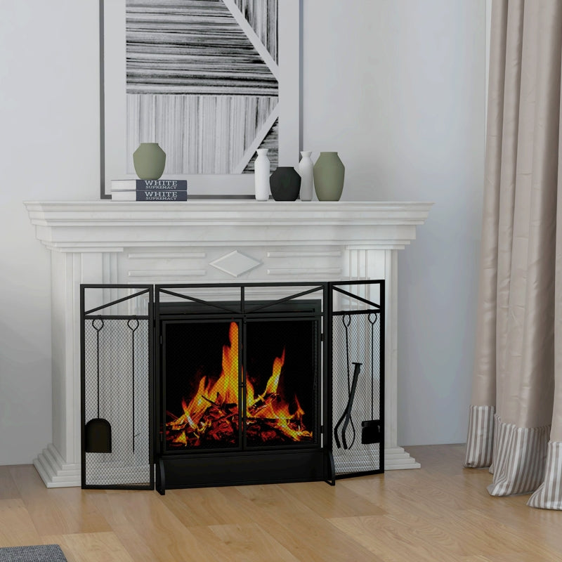 Black 3-Panel Folding Fire Screen with Tool Set and Doors, Freestanding Spark Guard for Fireplace, 122x77 cm