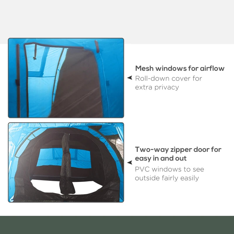 Blue 3-4 Person Tunnel Camping Tent with Windows and Covers