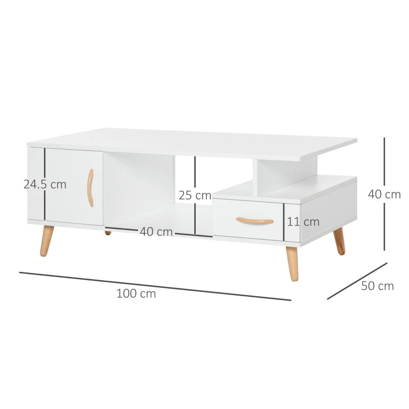 White Modern Coffee Table with Storage and Drawer