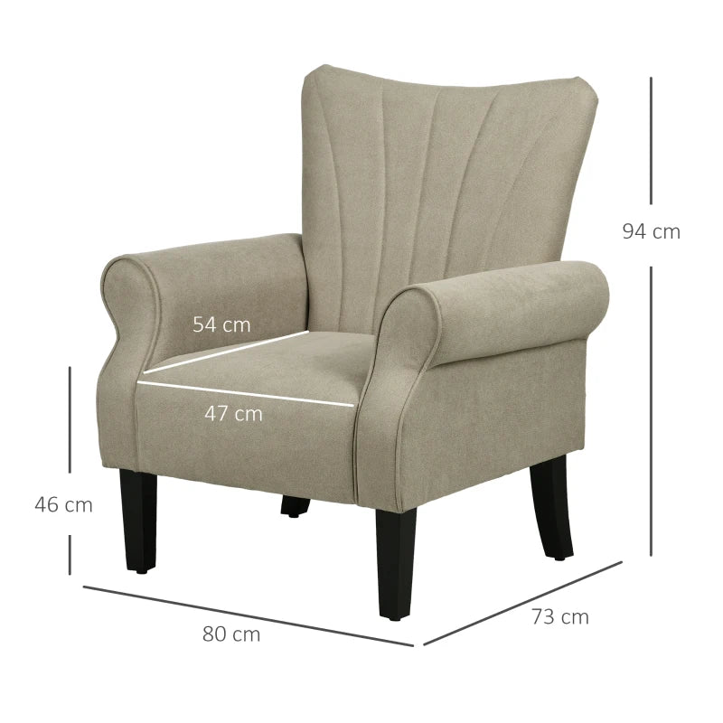 Beige Upholstered Accent Chair with High Back and Rolled Arms