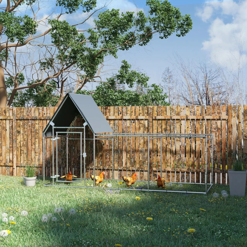 Galvanized Metal Chicken Run with Water-Resistant Cover, Large Outdoor Enclosure for 6-8 Chickens