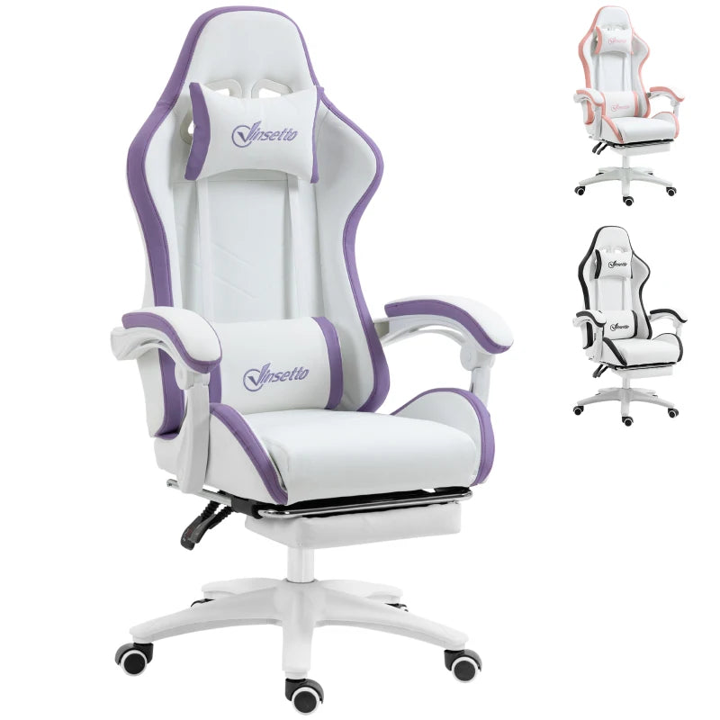 White & Purple Racing Gaming Chair with Footrest & Swivel Seat