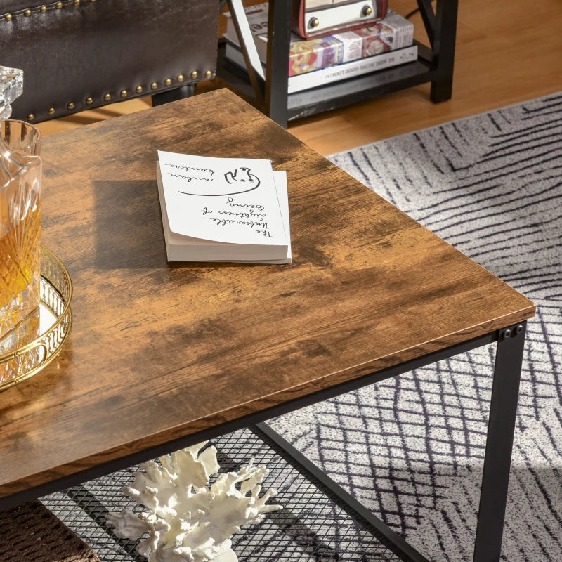 Rustic Brown Industrial Coffee Table with Mesh Shelf