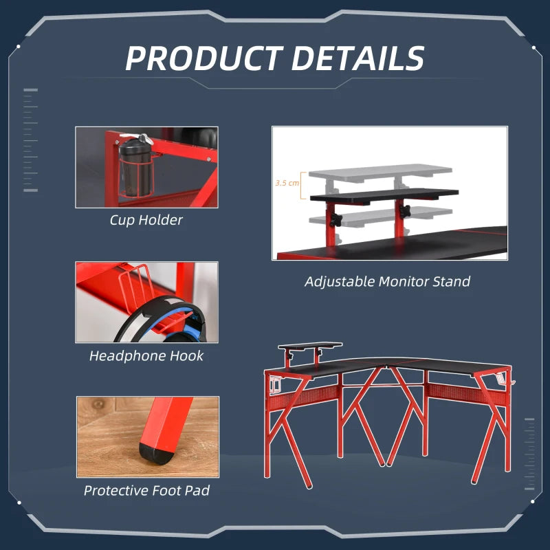 Red L-Shaped Gaming Desk with Monitor Stand and Cup Holder